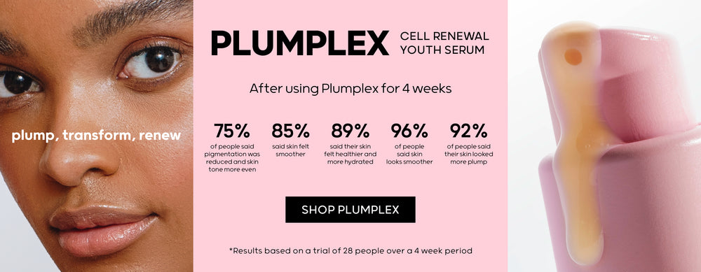 Plumplex Cell Renewal Youth Serum - After using Plumplex for 4 weeks: 75% of people said pigmentation was reduced and skin tone more even | 85% said skin felt smoother | 89% said their skin felt healthier and more hydrated | 96% of people said skin looks smoother | 92% of people said their skin looked more plump - Shop Plumplex * Results based on a trail of 28 people over a 4 week period - image of Scientia Plumplex Serum coming out of the bottle and a model face image