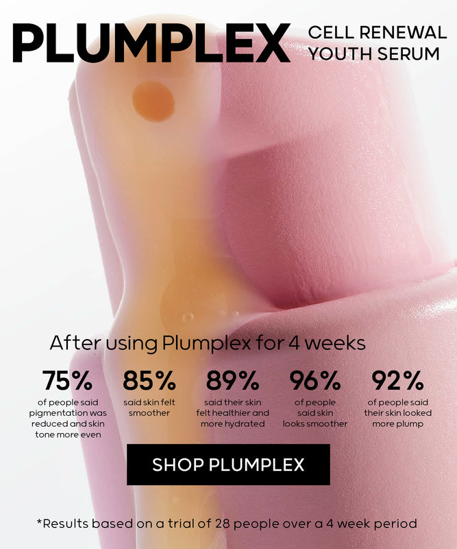 Plumplex Cell Renewal Youth Serum - After using Plumplex for 4 weeks: 75% of people said pigmentation was reduced and skin tone more even | 85% said skin felt smoother | 89% said their skin felt healthier and more hydrated | 96% of people said skin looks smoother | 92% of people said their skin looked more plump - Shop Plumplex * Results based on a trail of 28 people over a 4 week period - image of Scientia Plumplex Serum coming out of the bottle and a model face image